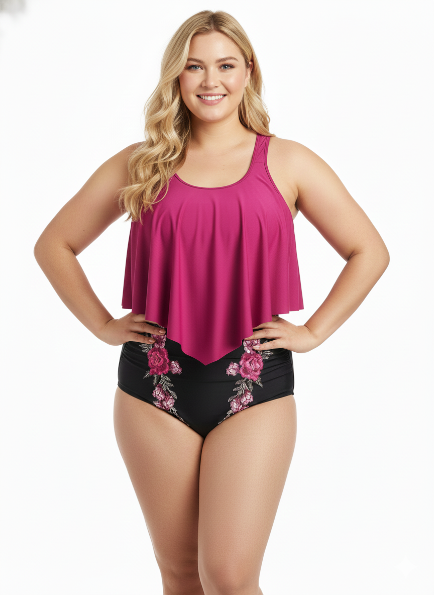 Bikini Talla Grande Fucsia y Negro con Flor Bordada 3XL