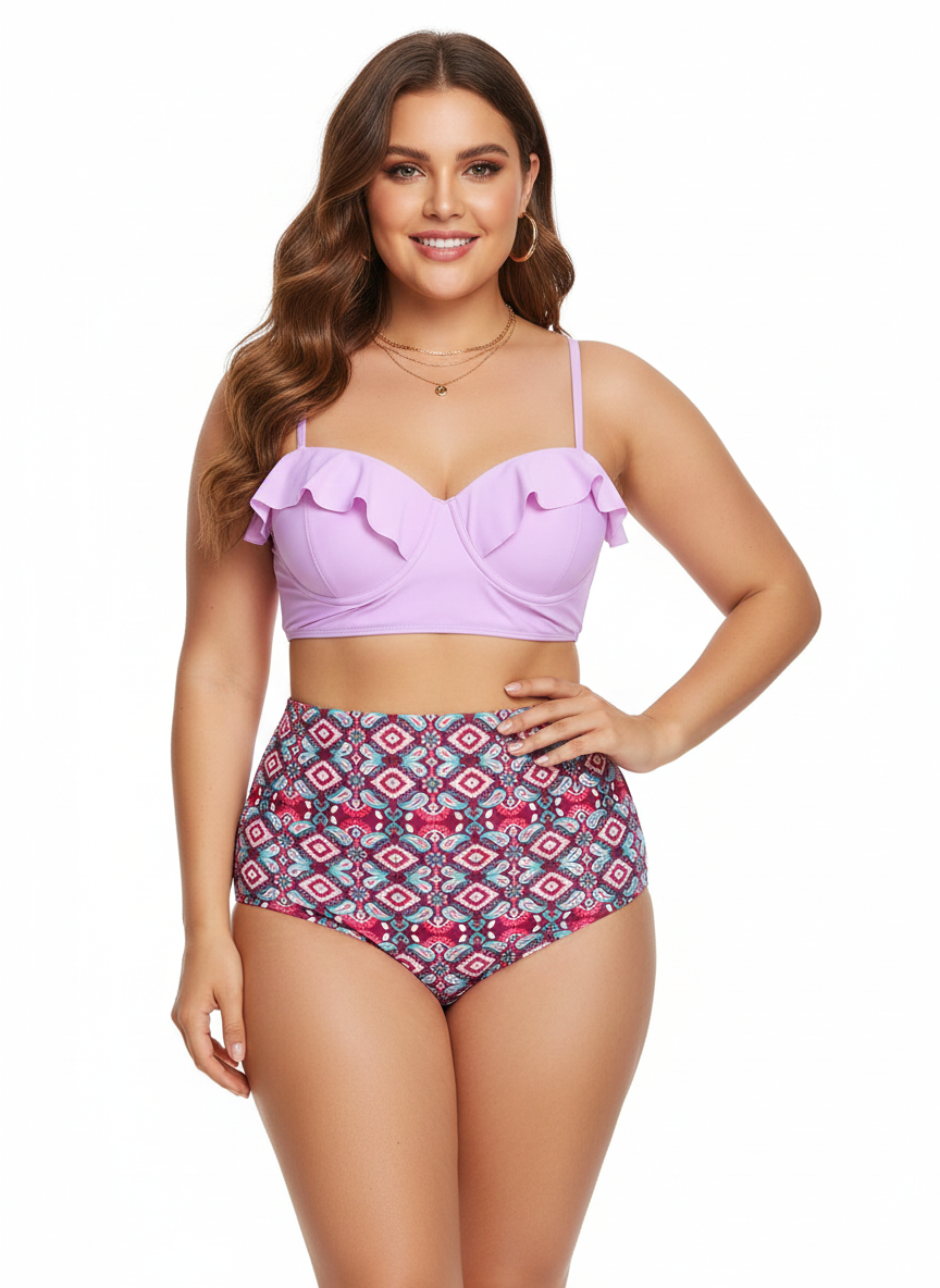 Bikini Talla Rosa con Volantes y Braga Alta Estampada2XL