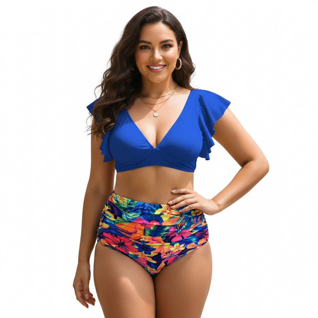 Bikini Talla Grande Azul Eléctrico con Volantes y Estampado Tropical XL