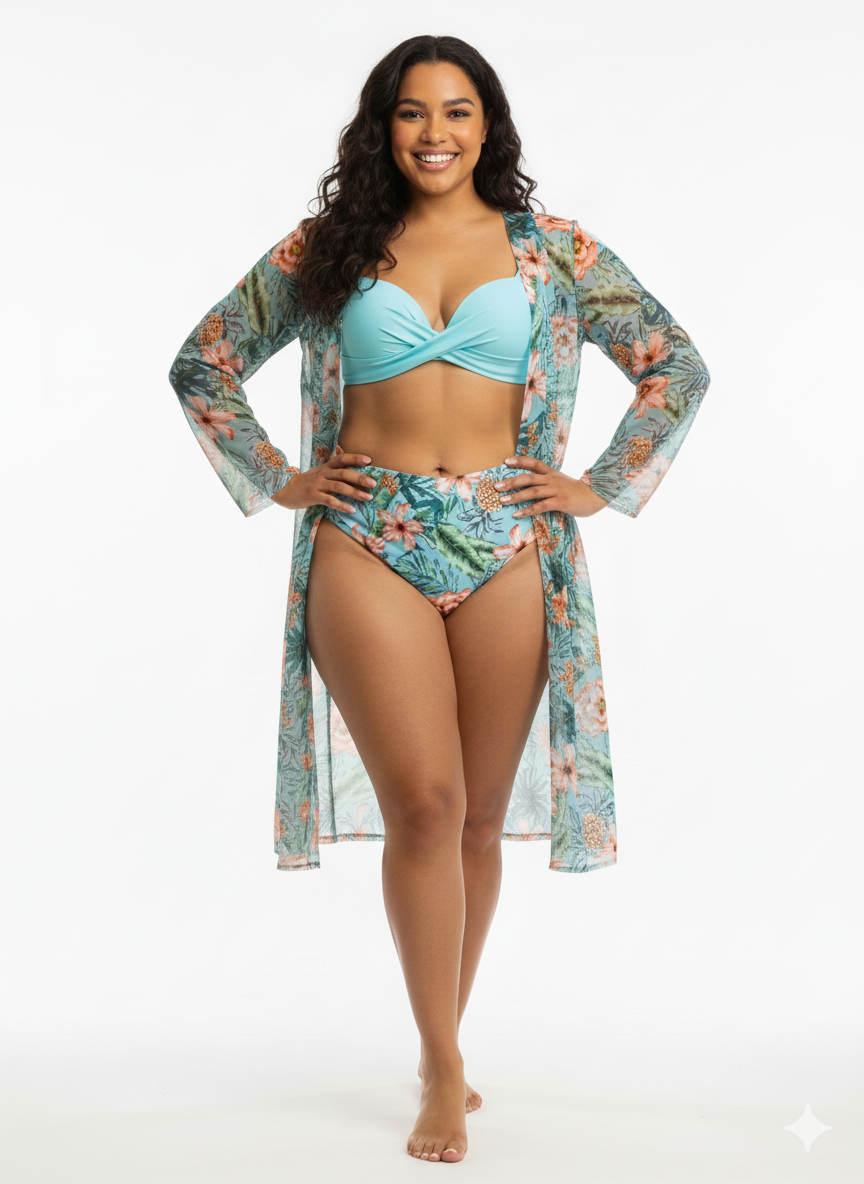 Bikini estampado + Túnica VERDE AGUA