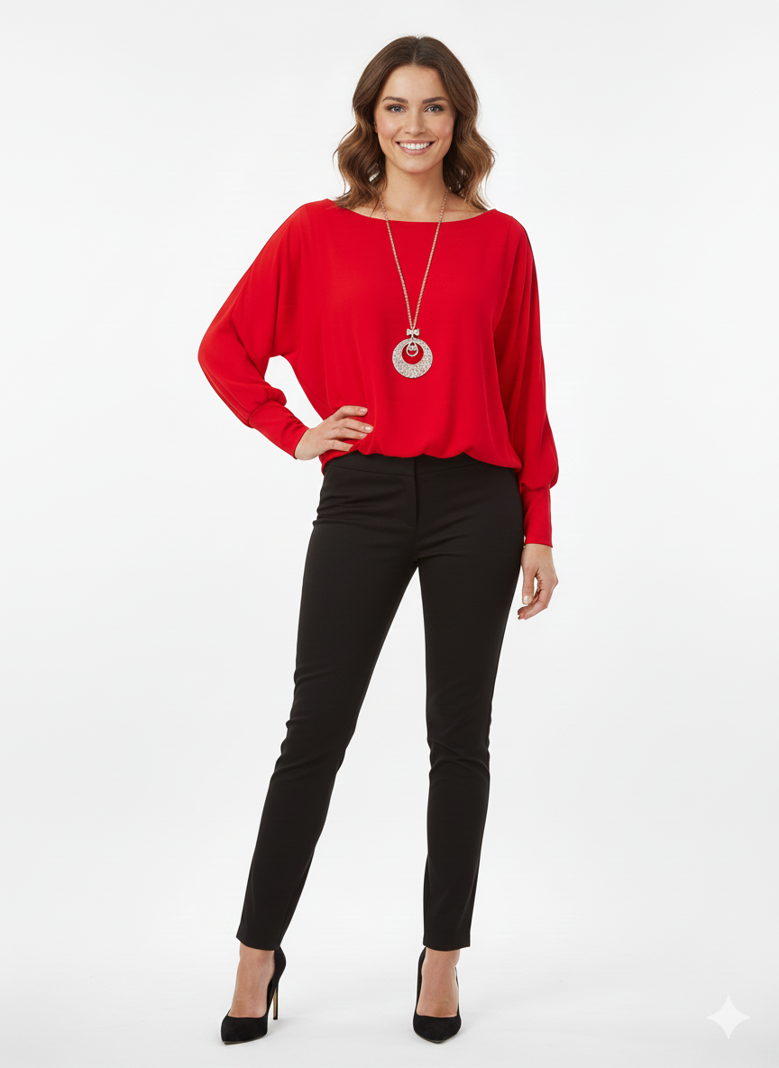 Blusa Roja Manga Murciélago con Collar — Punto Fluido, Sofisticada y Lista para Brillar