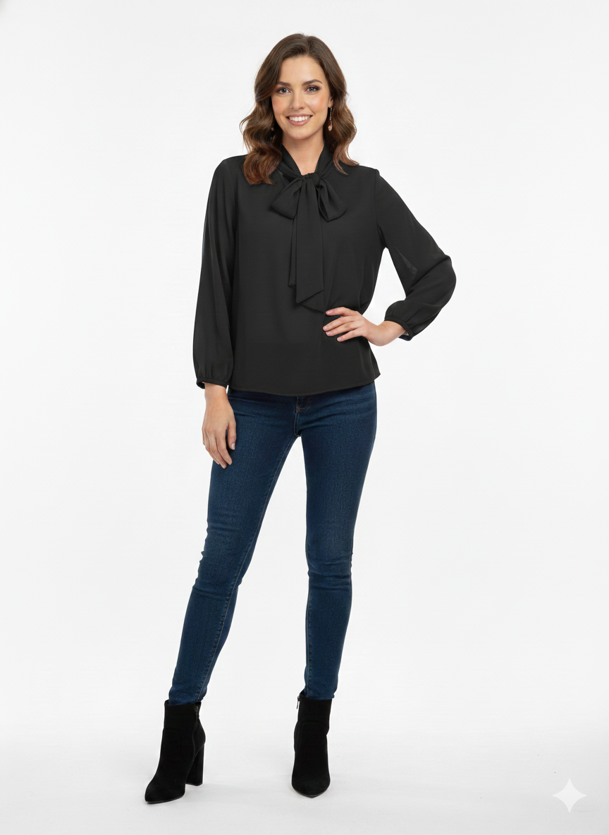 Blusa de gasa negra con lazada