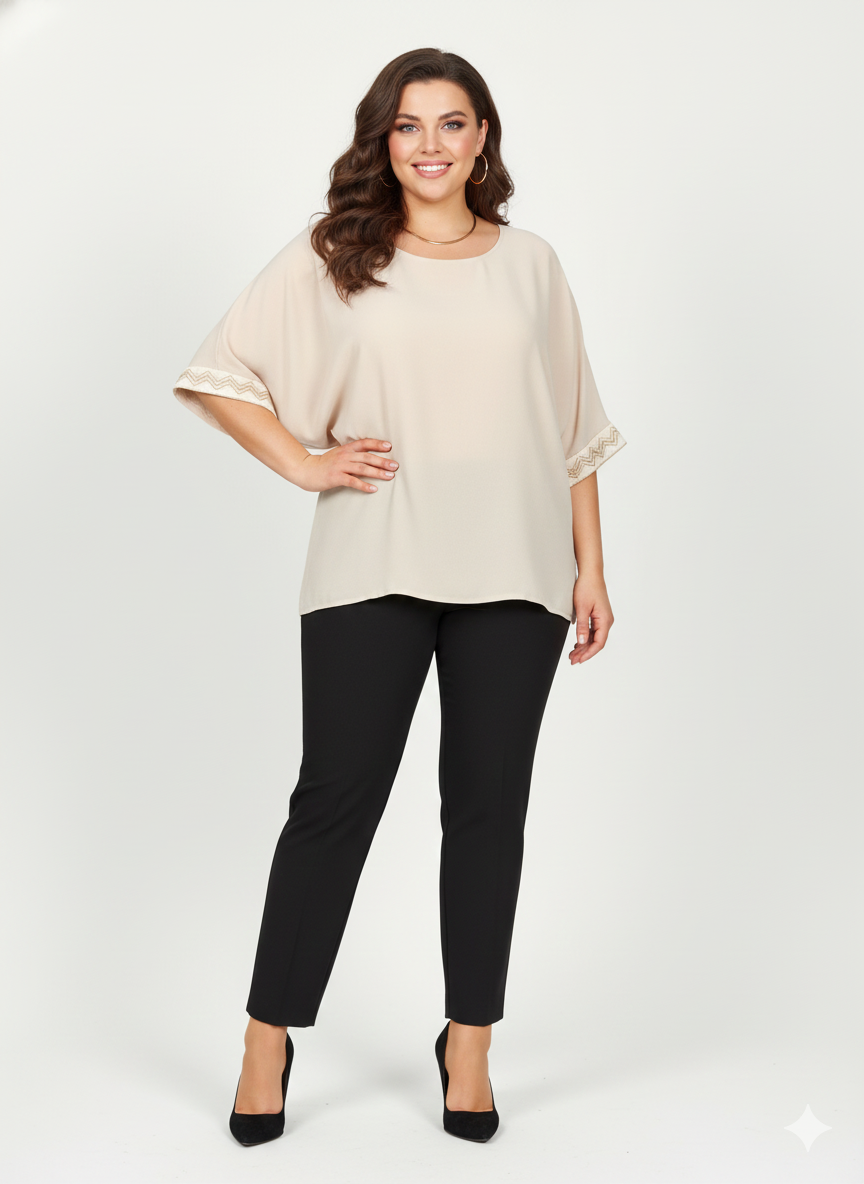 Blusa Gasa Beige Talla Grande Hecha en Italia — Elegante, Fluida y Favorecedora para Oficina y Eventos