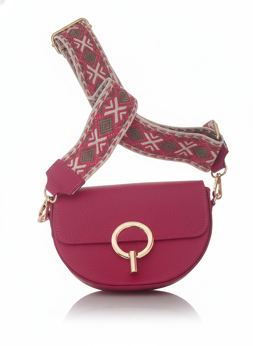 Bolso Piel Fucsia con Correa Jacquard