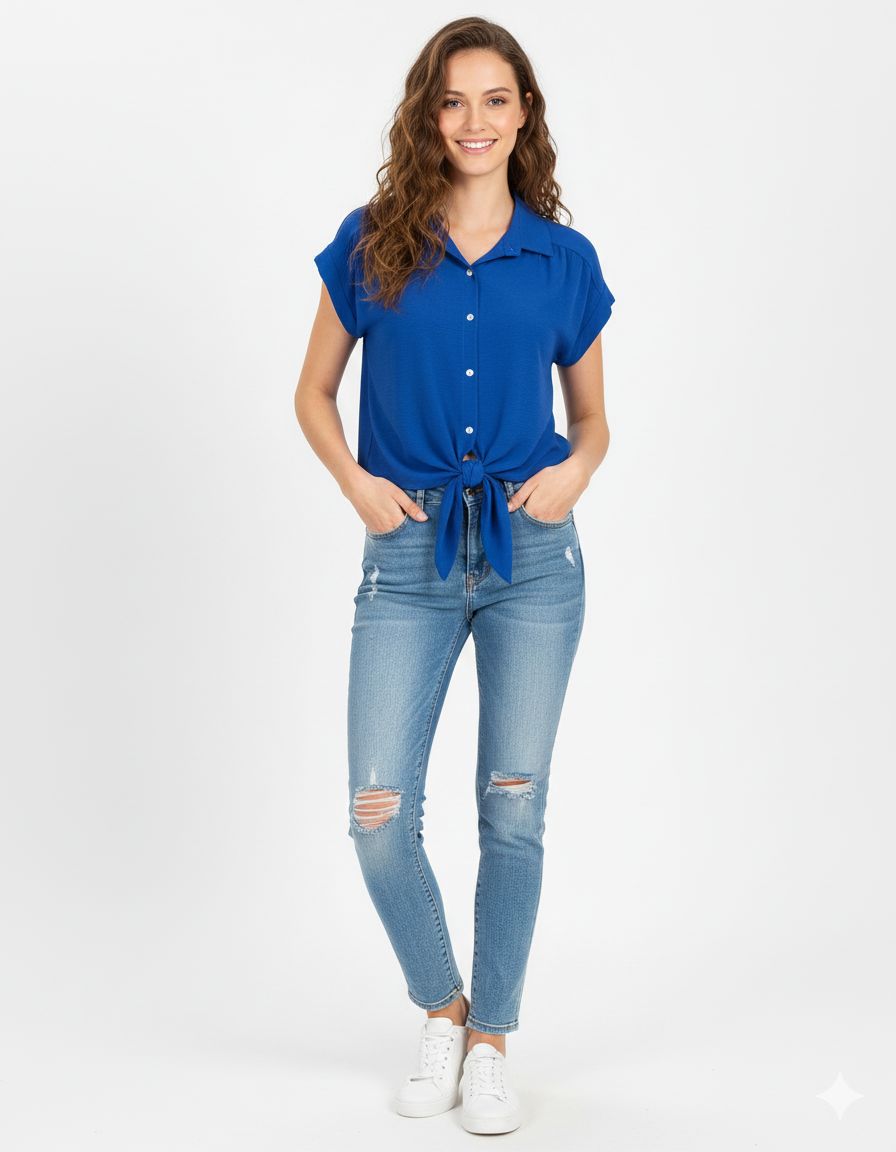 Camisa Cropped Azul Eléctrico con Nudo  — Vibrante, Elegante y Perfecta para Cada Día