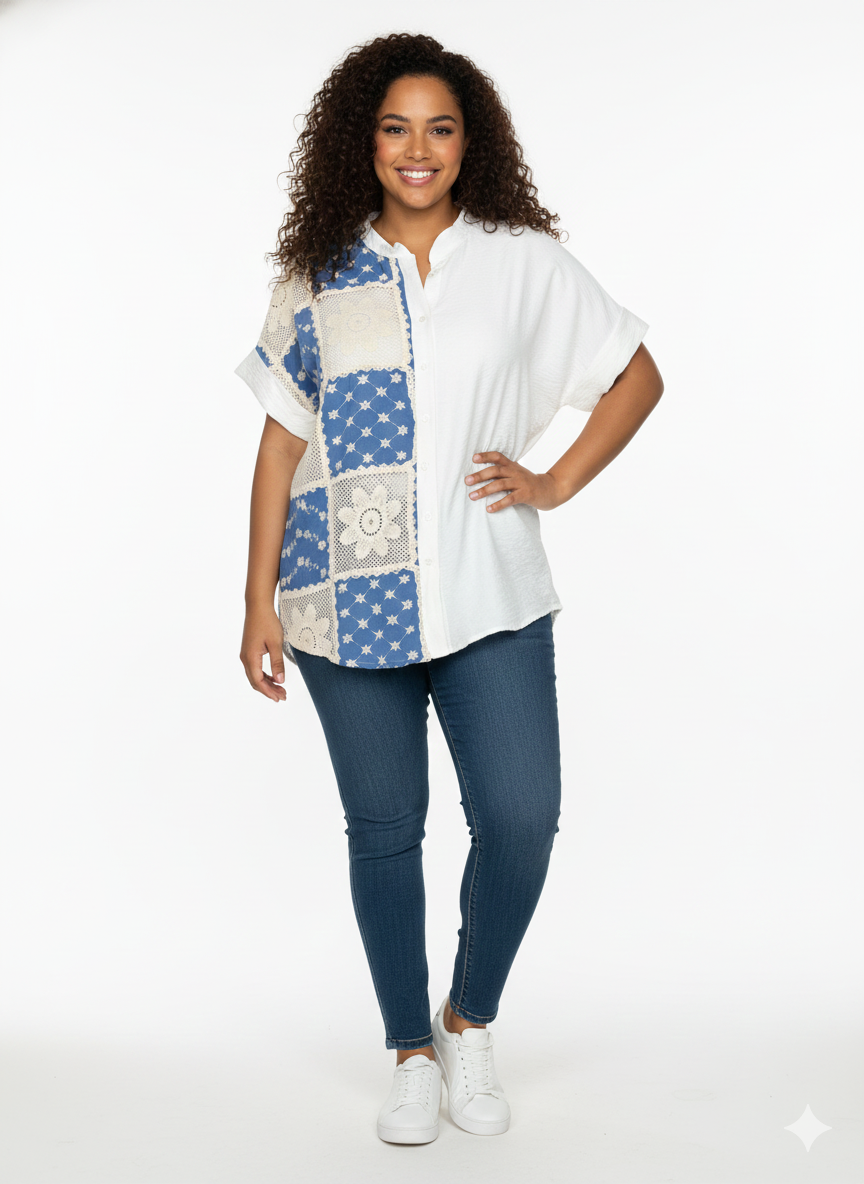 Camisa Amplia Bordada Cuadros Patchwork Bicolor con Crochet — Hecha en Italia, Artesanal, Fresca y Única