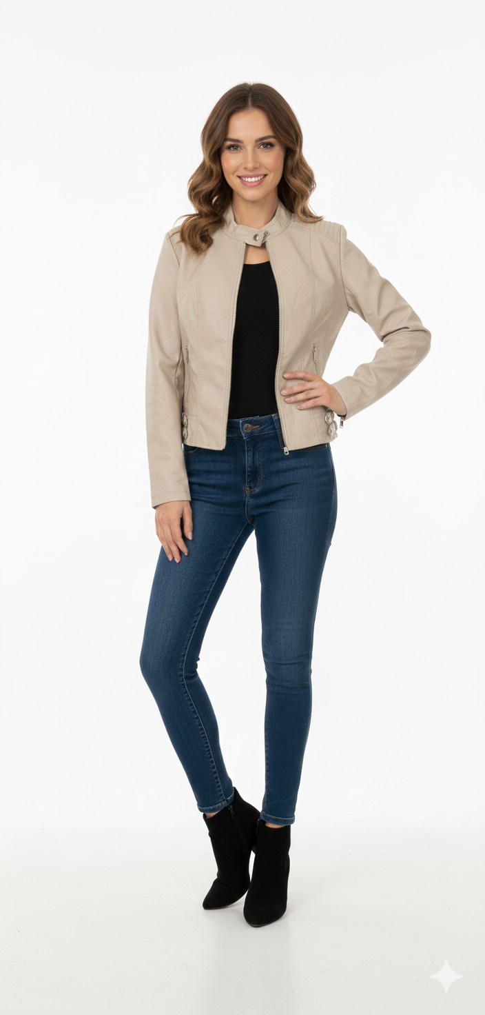 Cazadora Biker de Piel Sintética – Crema