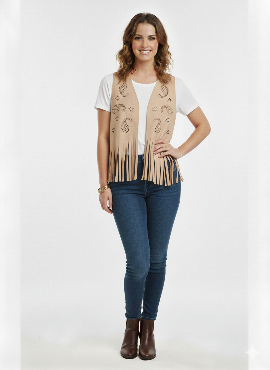 Chaleco corto boho efecto ante camel con calados artesanales y flecos – Hecho en Italia