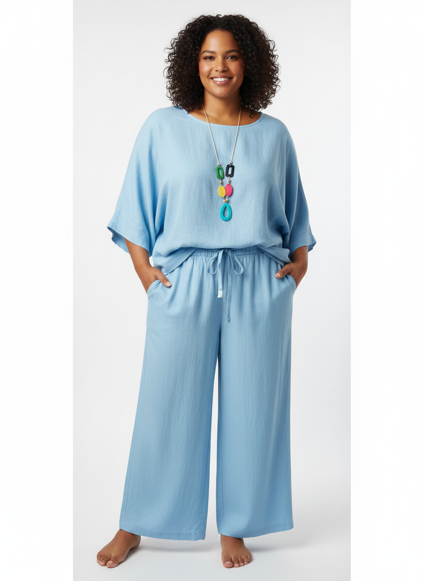 Conjunto Celeste Dos Piezas con Collar — Fresco, Fluido y Perfecto para el Verano