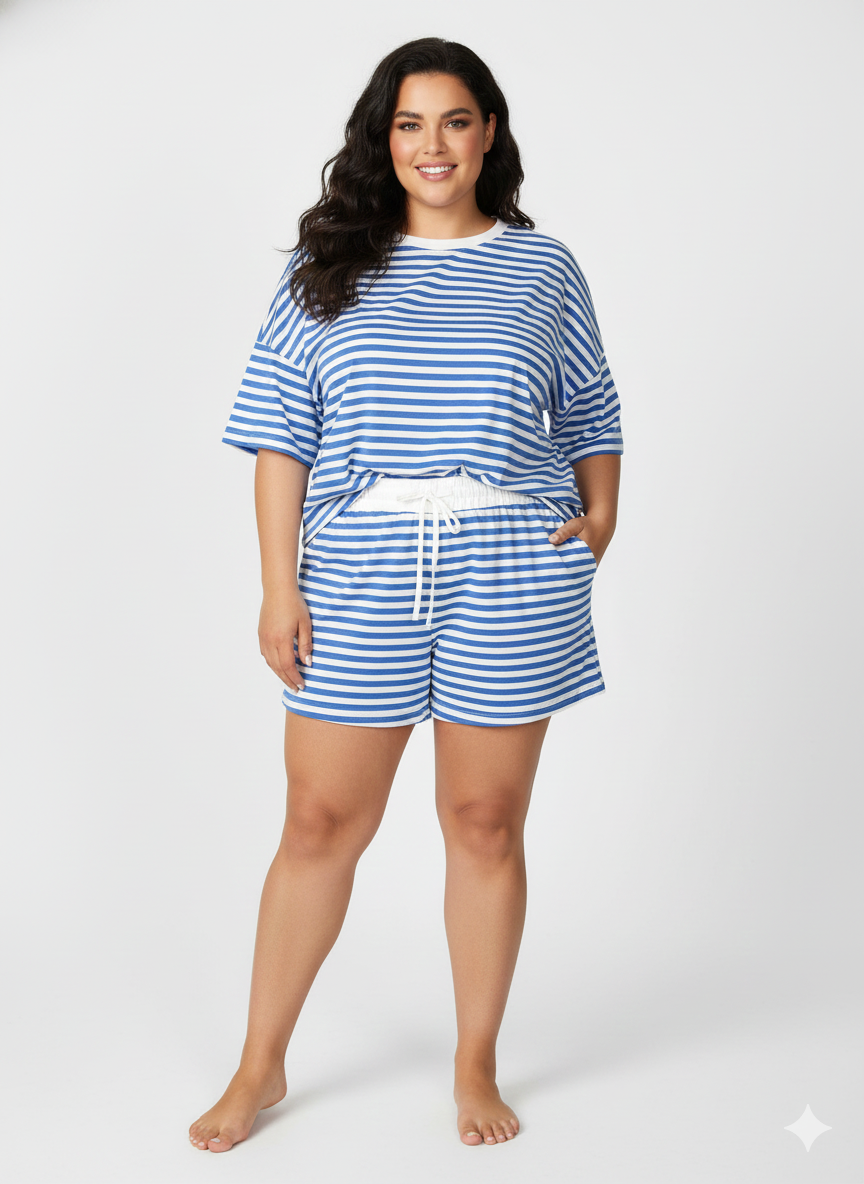 Conjunto Deportivo Rayas Marineras Talla Grande — Camiseta y Short Frescos, Cómodos y Favorecedores para el Verano