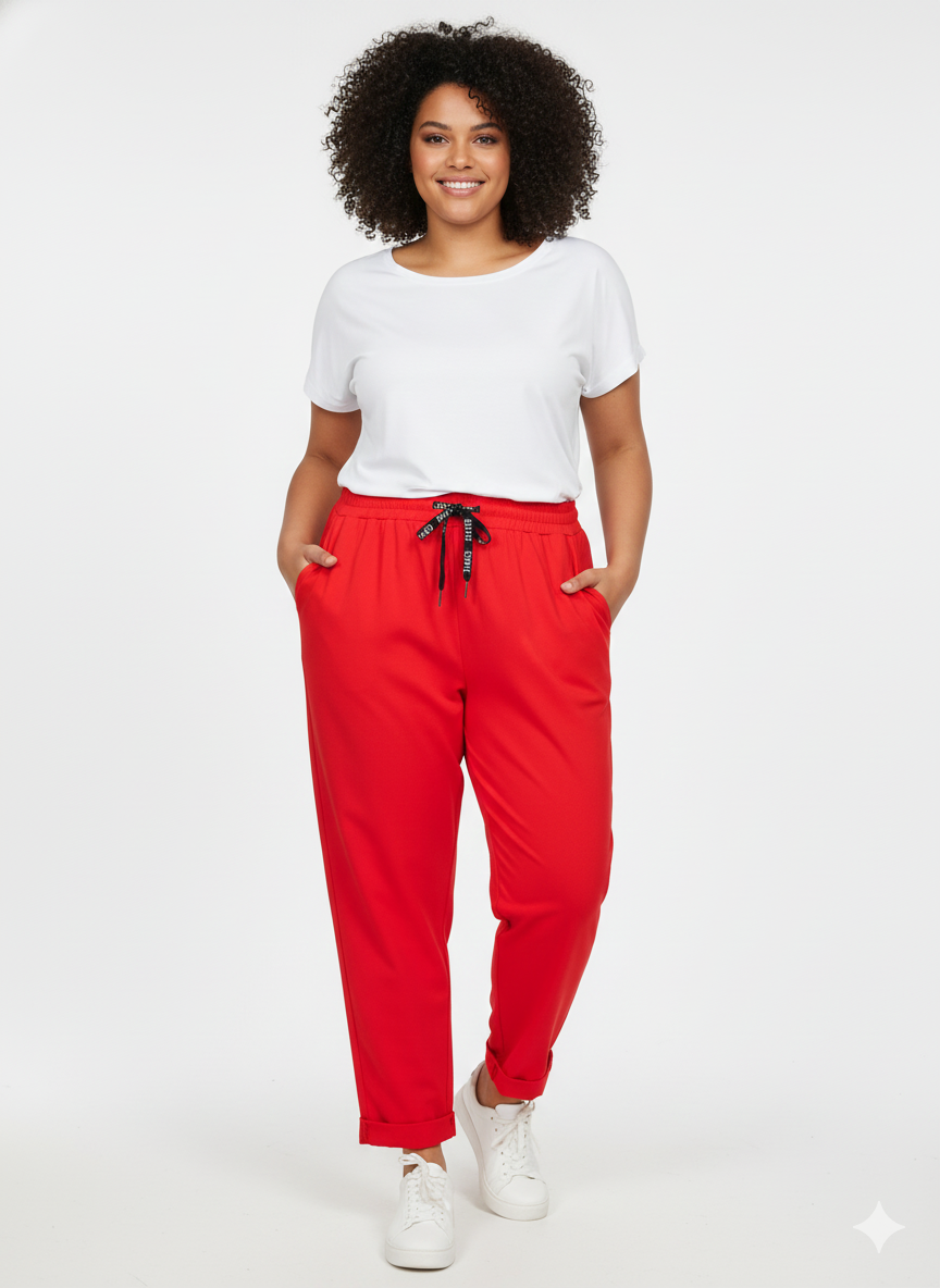 Pantalón Rojo Talla Grande - Elástico, Tiro Alto, Hecho en Italia