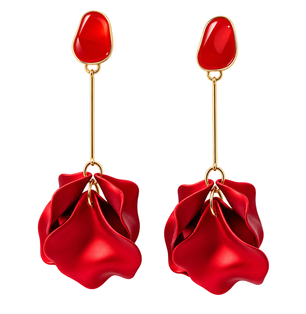 Pendientes Largos Pétalos Rosa Roja y Dorado — Románticos e Irresistibles