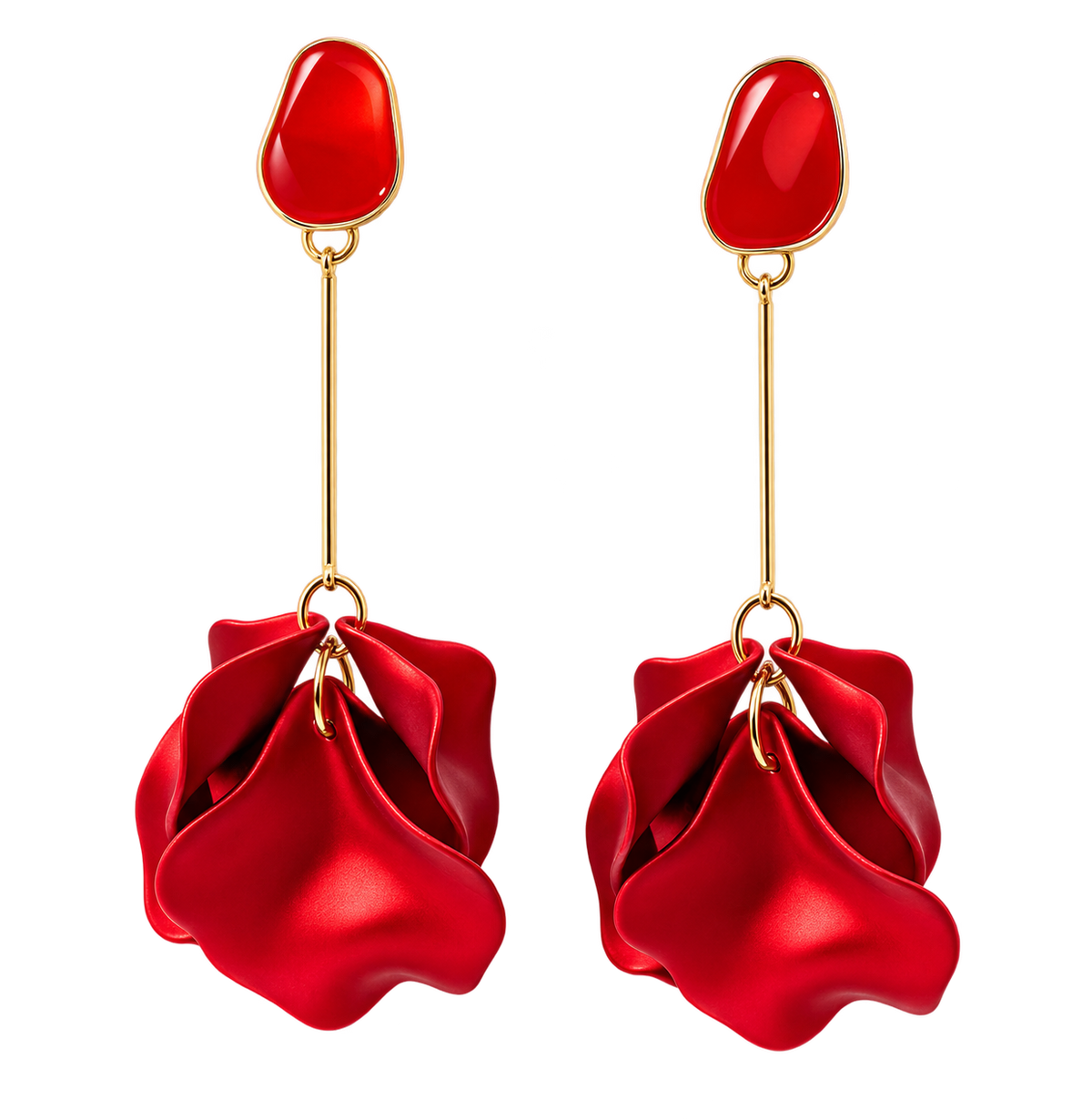 Pendientes Largos Pétalos Rosa Roja y Dorado — Románticos e Irresistibles