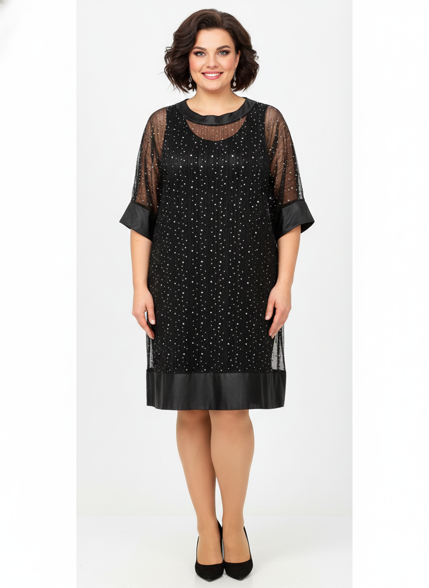 Vestido Negro con Transparencias y Brillos