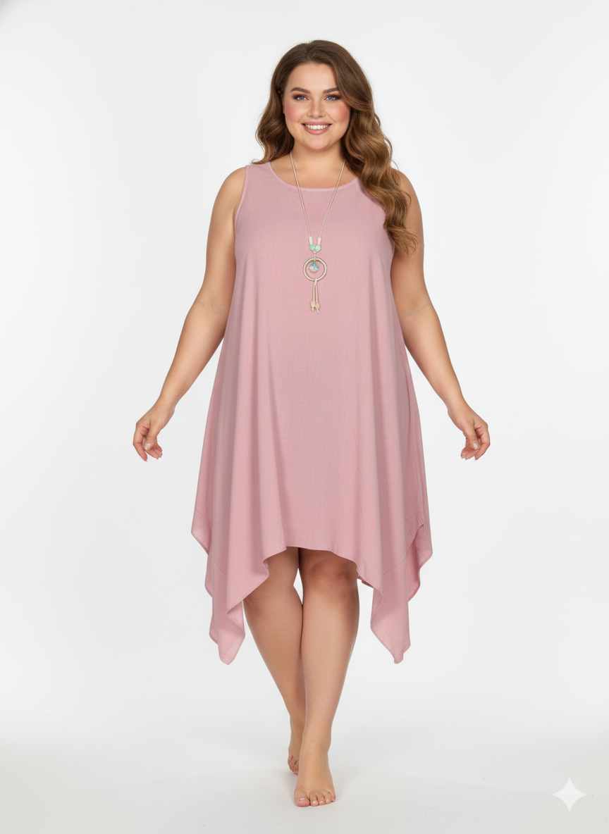 Vestido Amplio Rosa Símil Lino Talla Grande con Bajo Asimétrico y Colgante Boho — Fresco, Favorecedor y Perfecto para el Verano