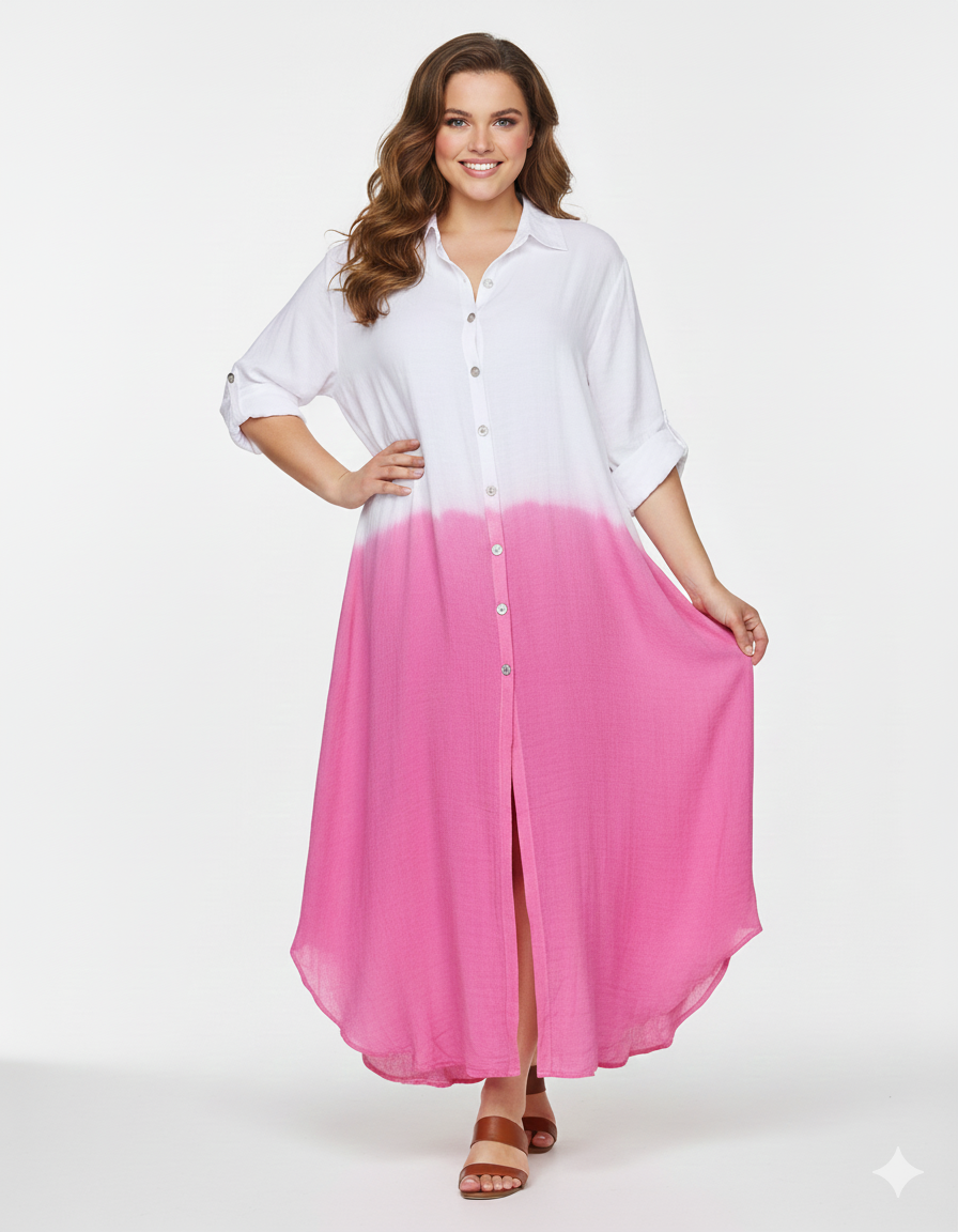 Vestido camisero contraste Blanco/Fucsia - Talla Grande