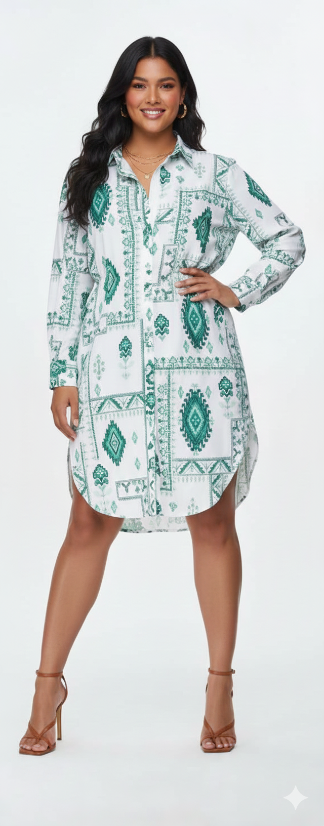 Vestido Camisero Estampado Étnico Verde Talla Única — Viscosa Suave, Versátil y Perfecto de la Playa a la Cena