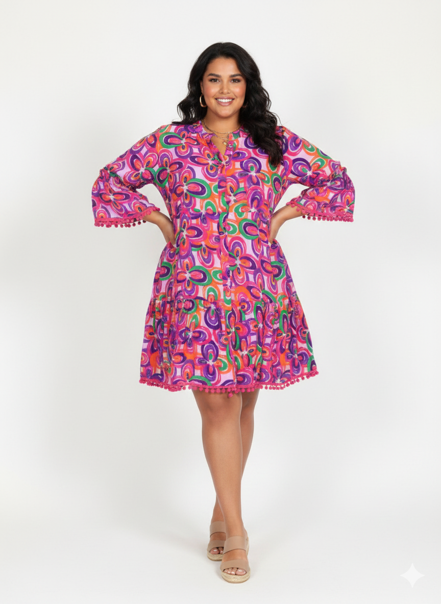 Vestido Corto Estampado Multicolor con Borlas Talla Grande XL/2XL — Boho, Fresco y Lleno de Personalidad