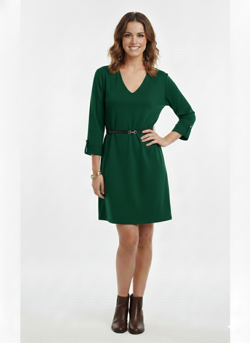 Vestido de Punto con Cinturón – Verde Esmeralda