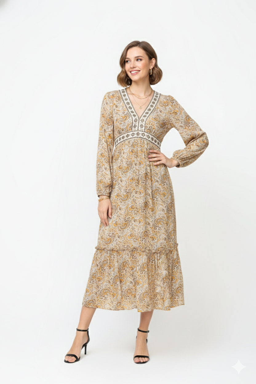 Vestido Largo Paisley Marrón Talla XL — Boho, Elegante con Detalle Bordado y Perfecto para Todas las Ocasiones