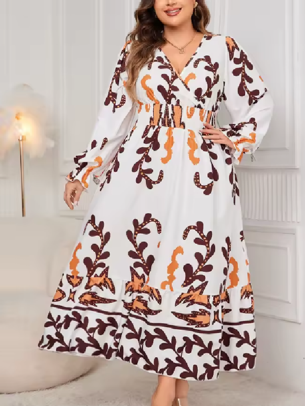 Vestido Largo Estampado Otoñal  – Talla Grande (3XL / 50)