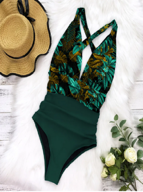 Bañador Verde Tropical con Espalda Cruzada – Talla L