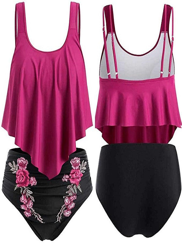 Bikini Talla Grande Fucsia y Negro con Flor Bordada 3XL