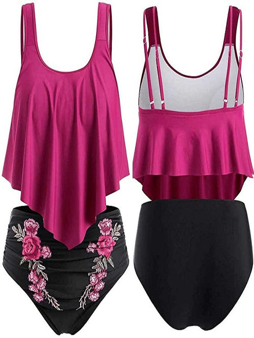 Bikini Talla Grande Fucsia y Negro con Flor Bordada 3XL