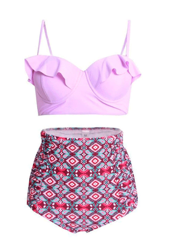 Bikini Talla Rosa con Volantes y Braga Alta Estampada2XL