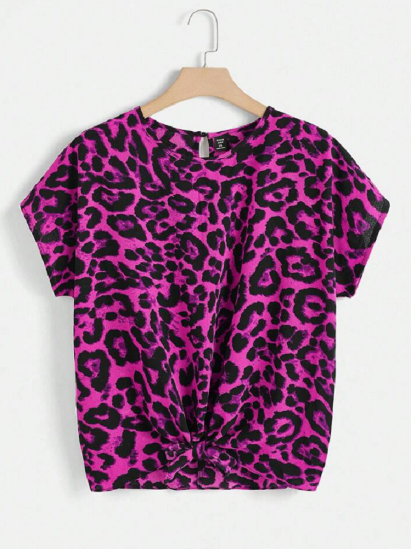 Blusa estampado leopardo con nudo en tonos negros y morado