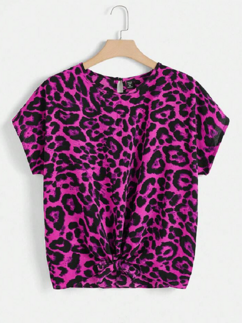 Blusa estampado leopardo con nudo en tonos negros y morado