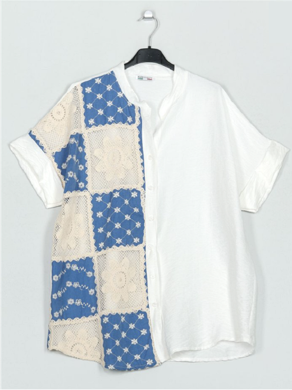 Camisa Amplia Bordada Cuadros Patchwork Bicolor con Crochet — Hecha en Italia, Artesanal, Fresca y Única