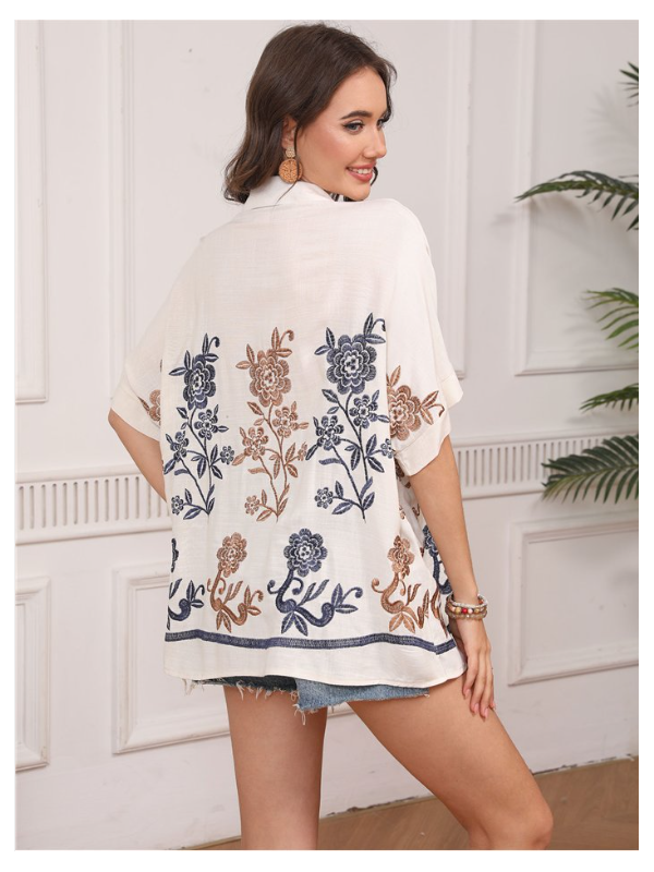 Camisa maxi bordada beis - Talla grande