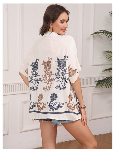 Camisa maxi bordada beis - Talla grande