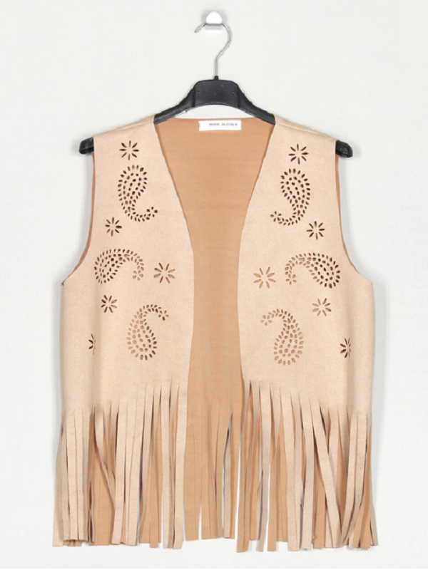Chaleco corto boho efecto ante camel con calados artesanales y flecos – Hecho en Italia
