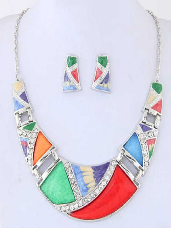 Conjunto Collar y Pendientes Multicolor Geométrico