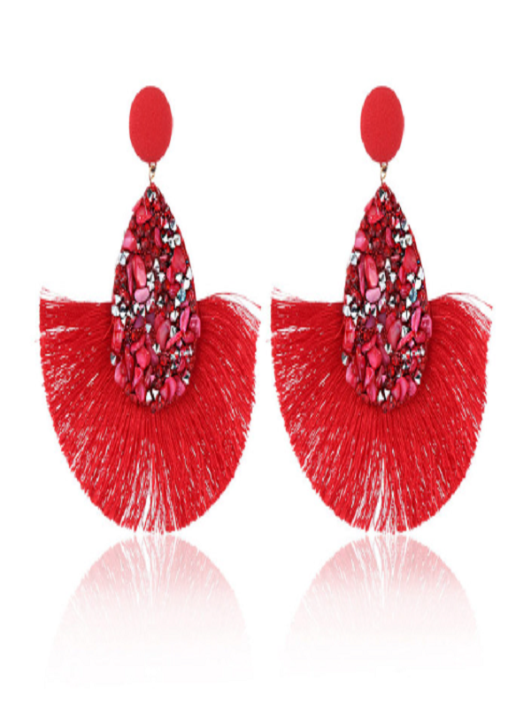 Pendientes de Flecos y Pedrería Rojo