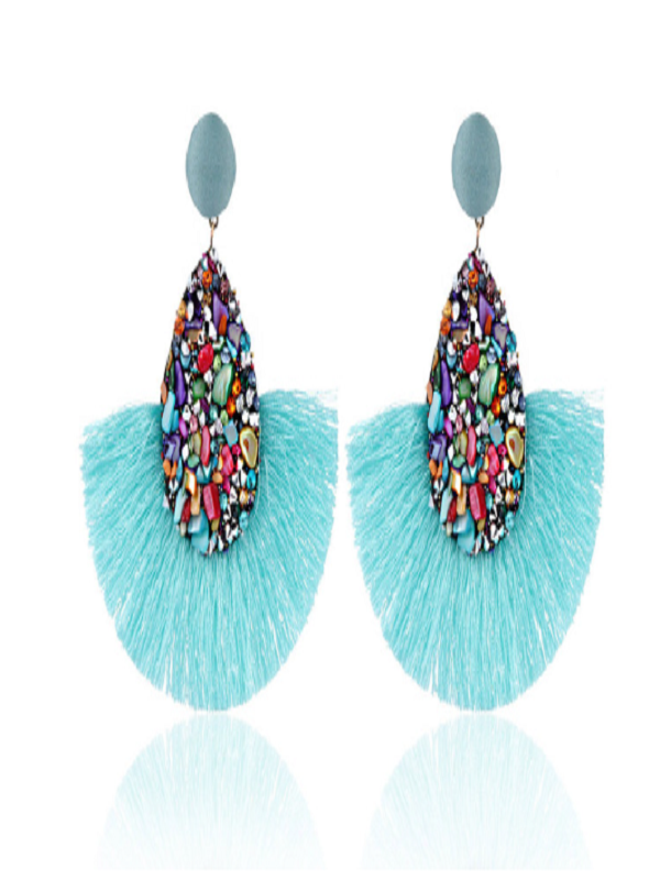 Pendientes flecos y pedrería - VERDE AGUA