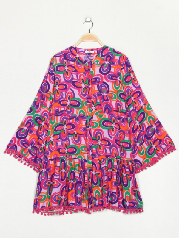 Vestido Corto Estampado Multicolor con Borlas Talla Grande XL/2XL — Boho, Fresco y Lleno de Personalidad