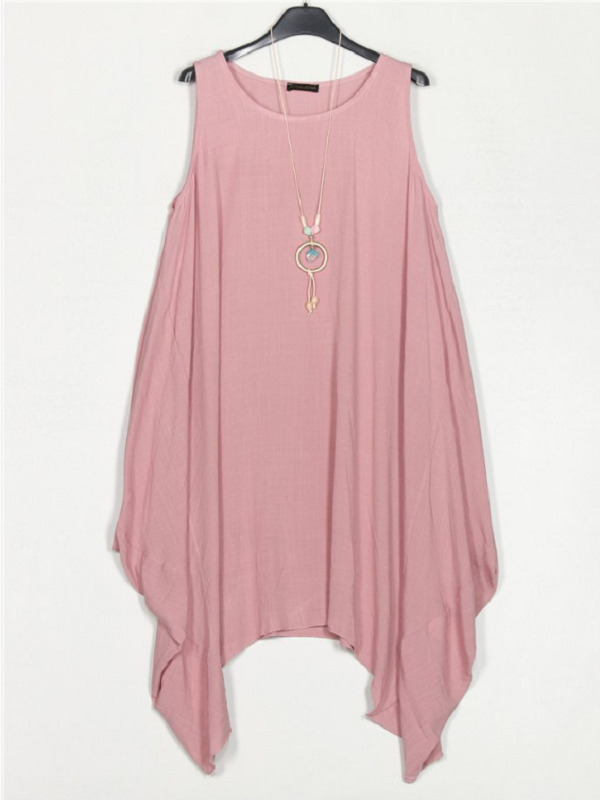 Vestido Amplio Rosa Símil Lino Talla Grande con Bajo Asimétrico y Colgante Boho — Fresco, Favorecedor y Perfecto para el Verano
