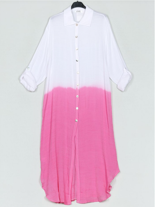 Vestido camisero contraste Blanco/Fucsia - Talla Grande